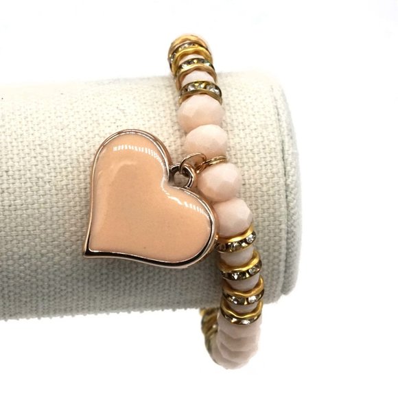 Bracelet with Peach Heart Charm and Beads. Gold Rhinestone accents. OS. - Picture 2 of 2